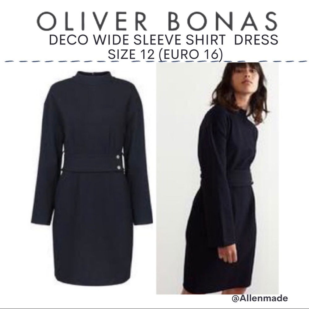 Oliver Bonas Shift Shirt dress Size 12, dark navy, bell sleeves